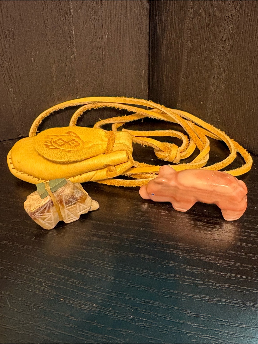 Zuni leather pouch necklace 2 hand carved stone fetish bear pig signed